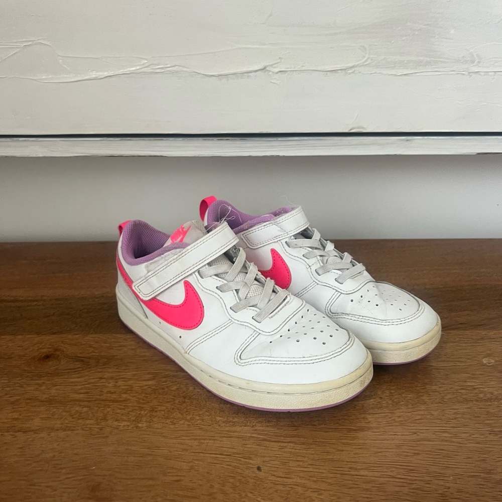 Nike White and Pink Low-Top Sneakers with Leather Upper